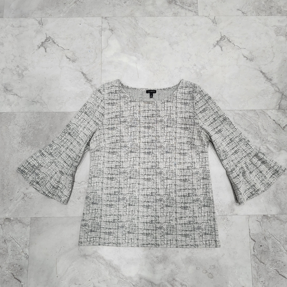 Talbots Women's Medium  Bell Sleeve Boat Neck Top Black White Geometric